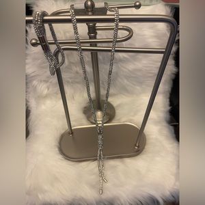 Silver Glitter Stones Long Necklace and Bracelet Set.